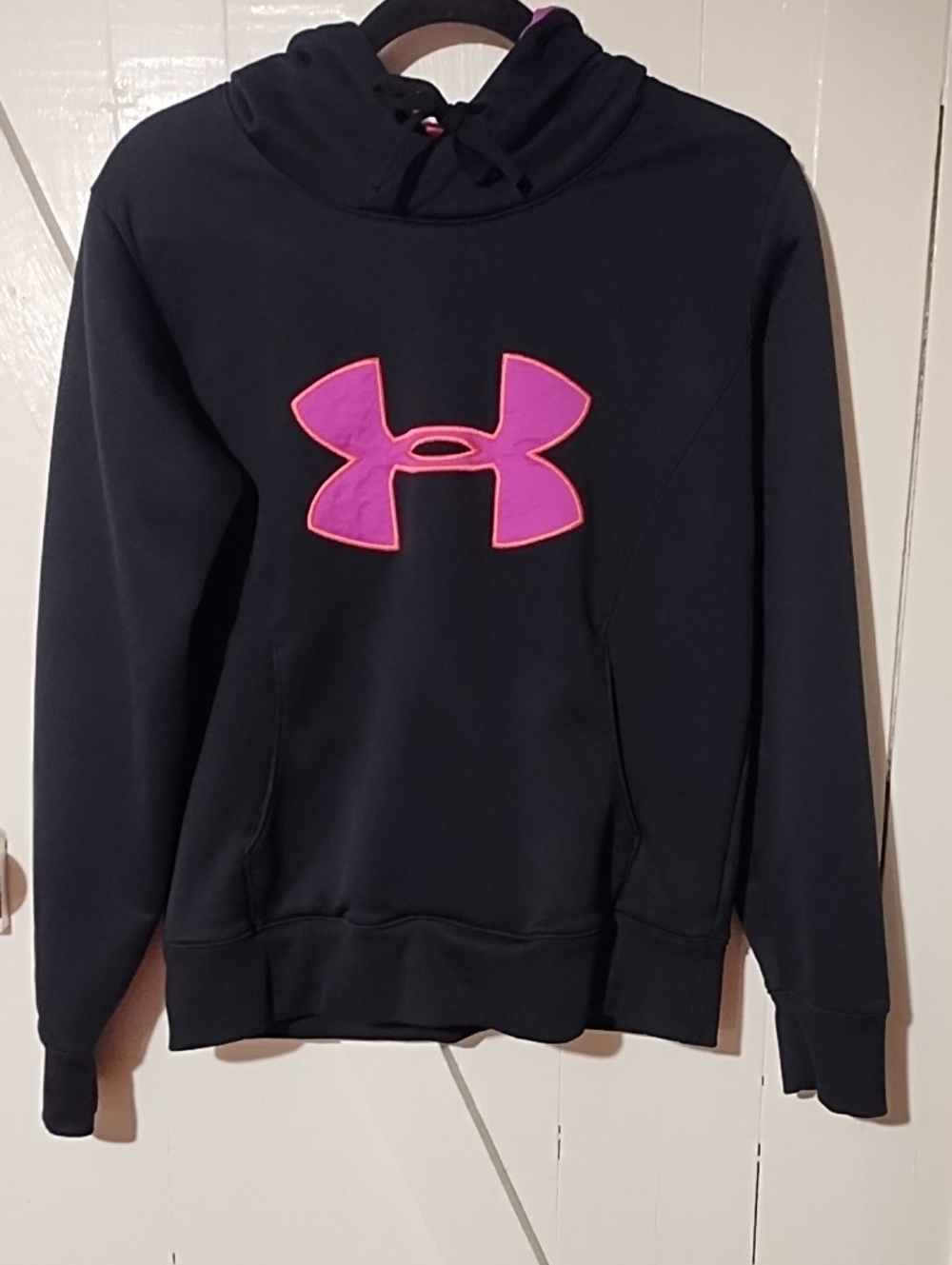 Under Armour Black Hoodie with Bright Pink Logo Medium VGC.